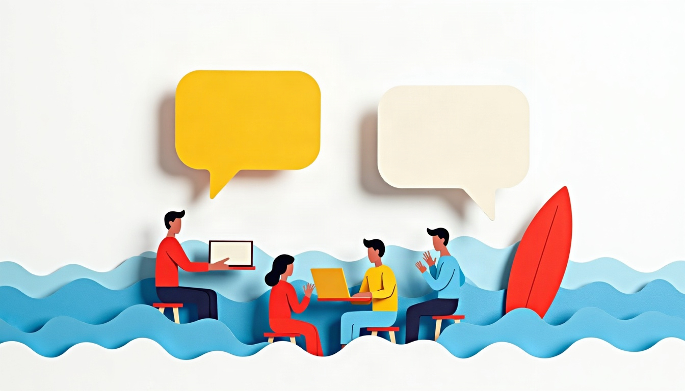 Cut-paper illustration of people gathered around empty speech bubbles and a laptop beside a paper wave and surfboard.
