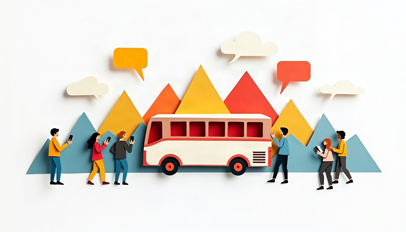 Paper-cut illustration of a group of people gathered around a coach bus with mountains behind and empty speech bubbles above.