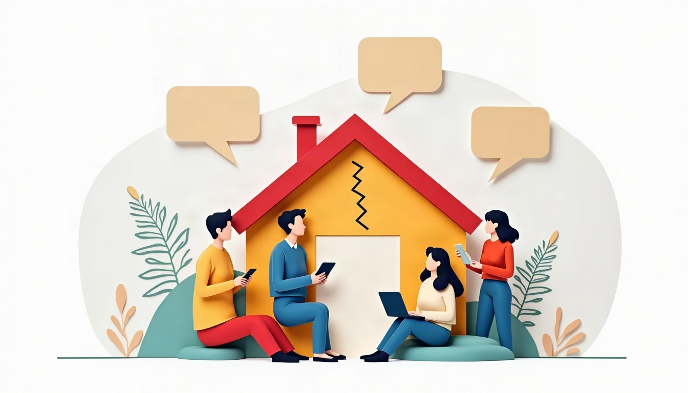 Paper-cut illustration of homeowners gathered around a house with a crack in one wall and empty speech bubbles.