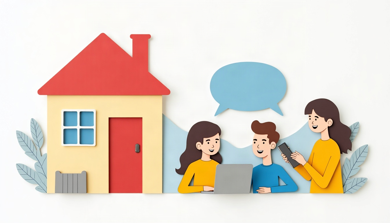 Paper-cut illustration of neighbors around a laptop beside a house with a small utility box and empty speech bubbles.