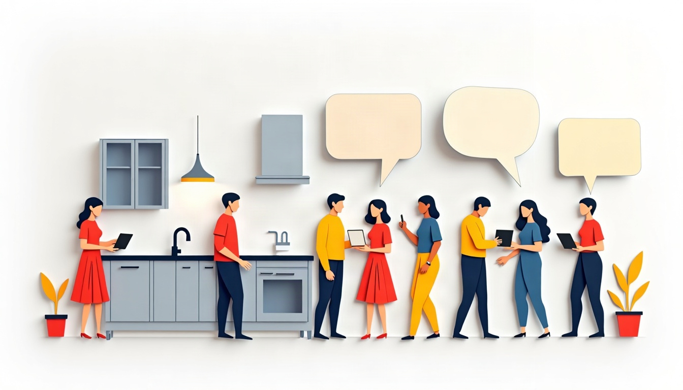 Paper-cut illustration of people gathered around a kitchen with cabinets and empty speech bubbles.