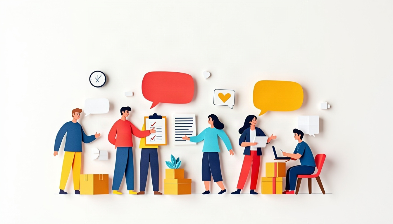 Cut-paper illustration of people gathered around a laptop, a checklist and parcels with empty speech bubbles above them.